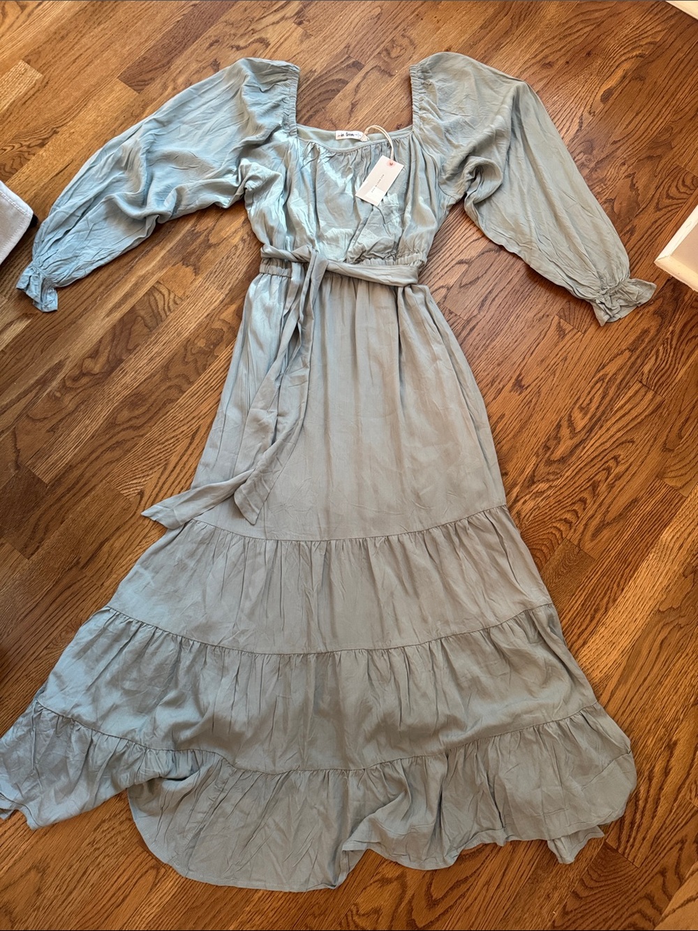 LoveShackFancy Dusty Blue Tiered Maxi Dress with Self-Tie Waist